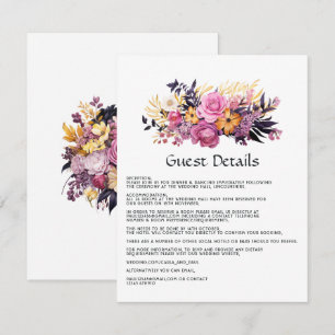 Carte D'accompagnement Détails de l'invité floral rose, violet, noir et o
