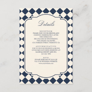 Carte D'accompagnement Détails de mariage à carreaux bleu marine d'argent