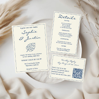 Carte D'accompagnement Détails de mariage à feuille tropicale bleue éléga