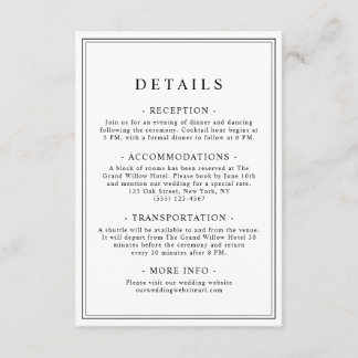Carte D'accompagnement Détails de mariage à la typographie classique élég