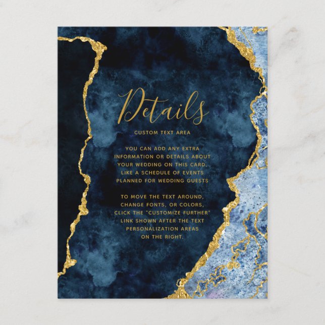 Carte D'accompagnement Détails de mariage à l'agate bleu marine et or (Devant)