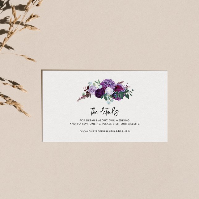 Carte D'accompagnement Détails de mariage à l'aquarelle à l'écriture flor (Purple Floral Wedding Details Enclosure Card)