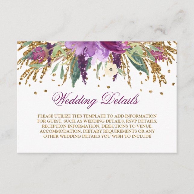 Carte D'accompagnement Détails de mariage à l'aquarelle Améthyste scintil (Devant)