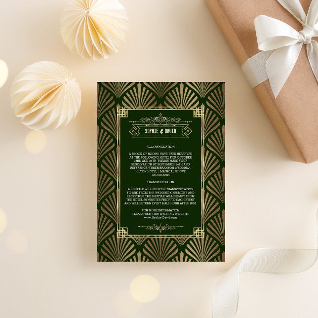 Carte D'accompagnement Détails de mariage Art Déco vert foncé or luxe (Créateur téléchargé)