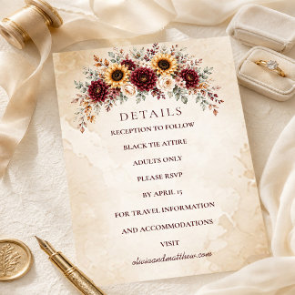 Carte D'accompagnement Détails de mariage au tournesol de Bourgogne d'Aut