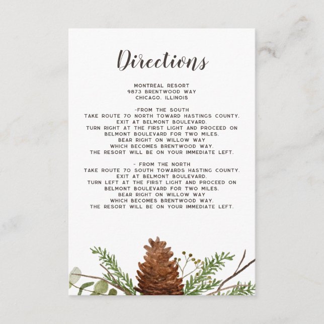 Carte D'accompagnement Détails de mariage avec branches de sapin rustique (Devant)
