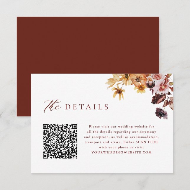 Carte D'accompagnement Détails de mariage avec code QR floral automnal ru (Devant / Derrière)