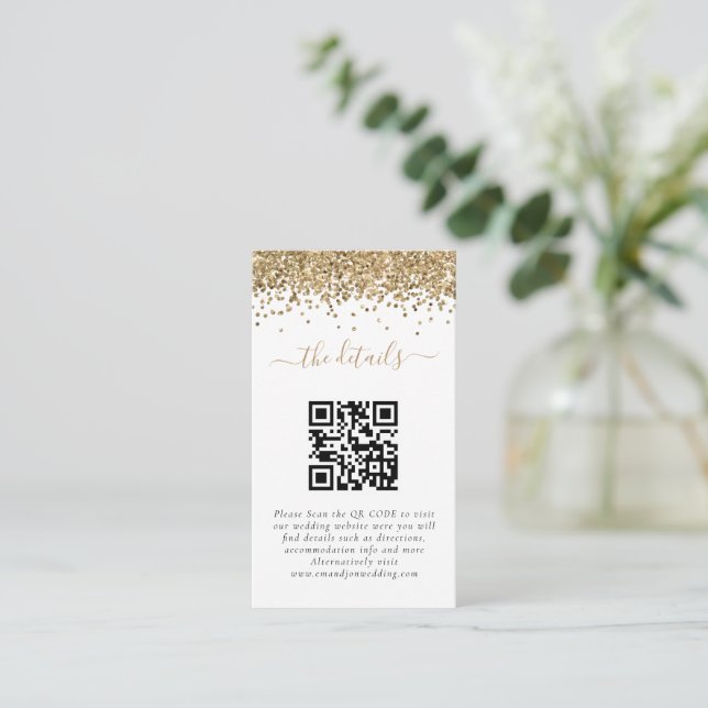 Carte D'accompagnement Détails de mariage avec code QR pailleté or miniat (Debout devant)