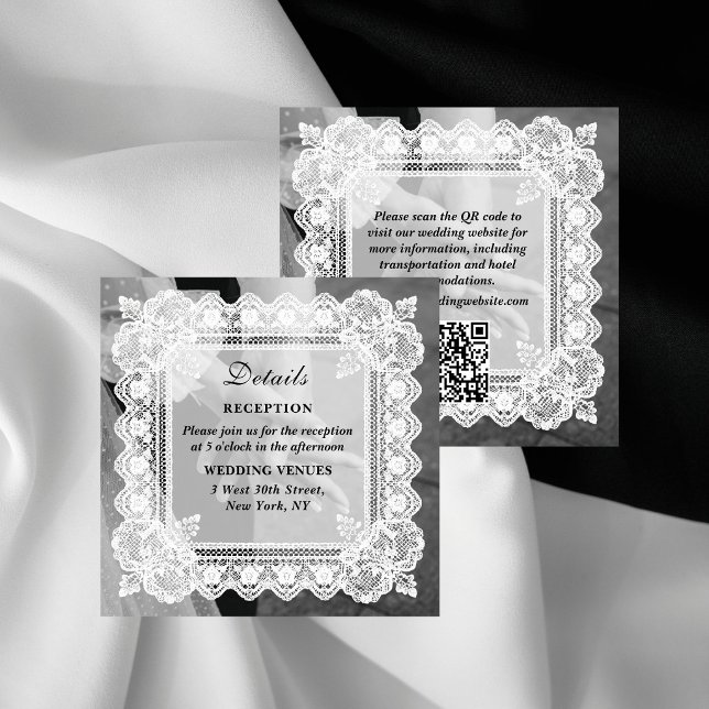 Carte D'accompagnement Détails de mariage avec code QR photo de dentelle  (Créateur téléchargé)
