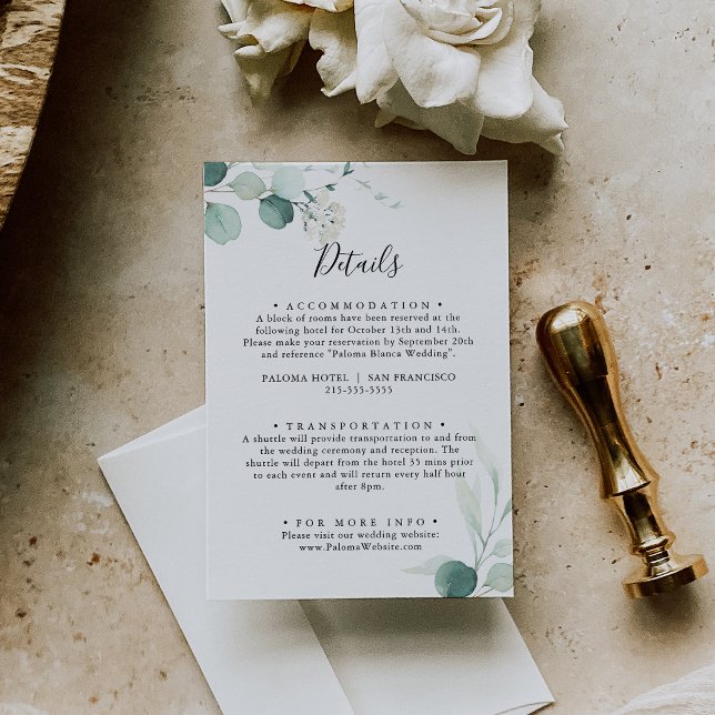 Carte D'accompagnement Détails de mariage avec feuillage d'eucalyptus ver (Créateur téléchargé)