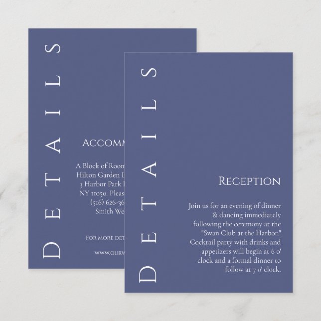 Carte D'accompagnement Détails de mariage bleu et blanc moderne Marlin- (Devant / Derrière)