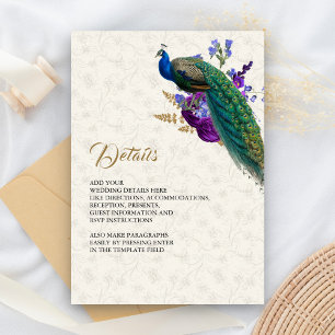 Carte D'accompagnement Détails de mariage bleu royal floral paon violet
