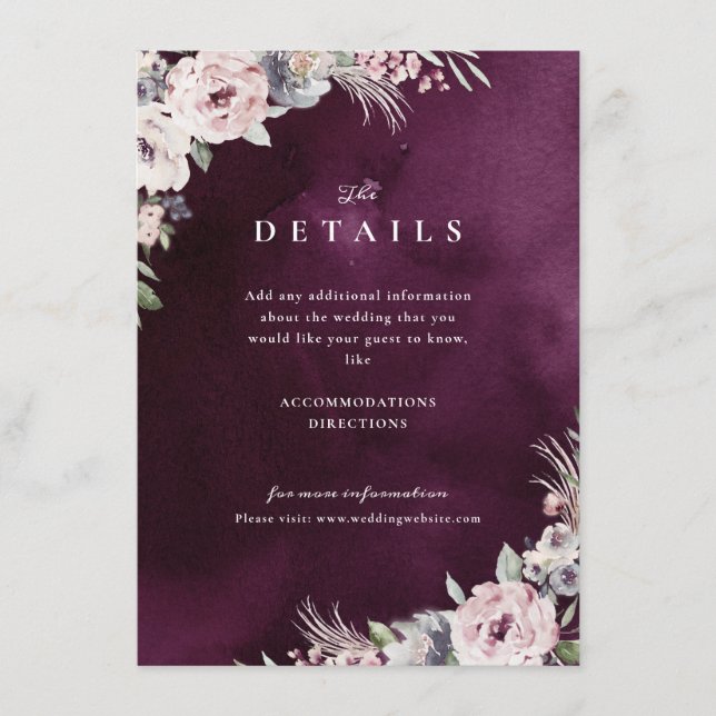 Carte D'accompagnement Détails de mariage bohème floral rose et prune (Devant)
