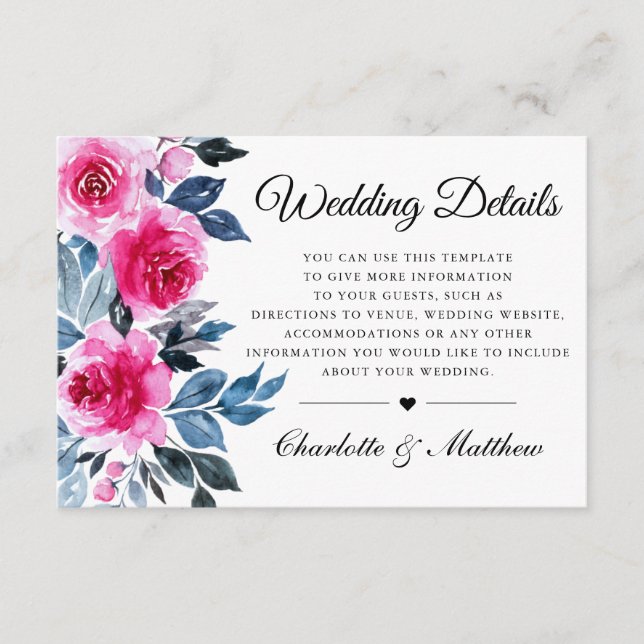 Carte D'accompagnement Détails de mariage botanique à l'aquarelle de rose (Devant)