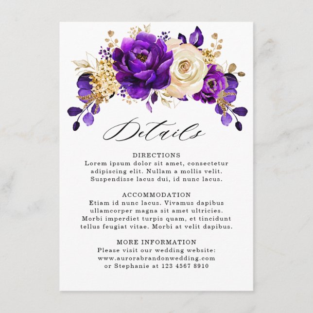 Carte D'accompagnement Détails de mariage botanique violet or royal pour  (Devant)