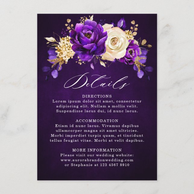 Carte D'accompagnement Détails de mariage botanique violet or royal pour  (Devant)