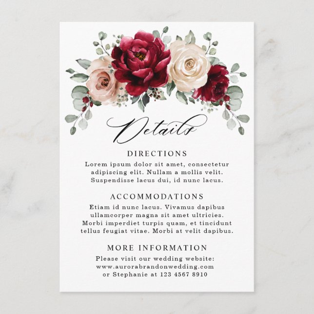 Carte D'accompagnement Détails de mariage Bourgogne Champagne ivoire mauv (Devant)