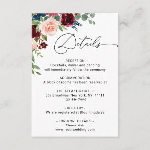 Carte D'accompagnement Détails de mariage Burgundy Navy Eucalyptus Rose