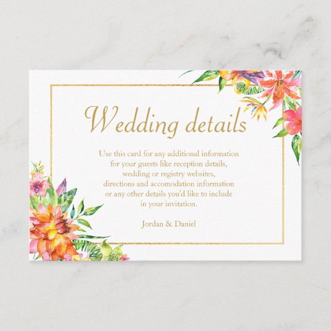 Carte D'accompagnement Détails de mariage Cadre Or Aquarelle Tropicale (Devant)