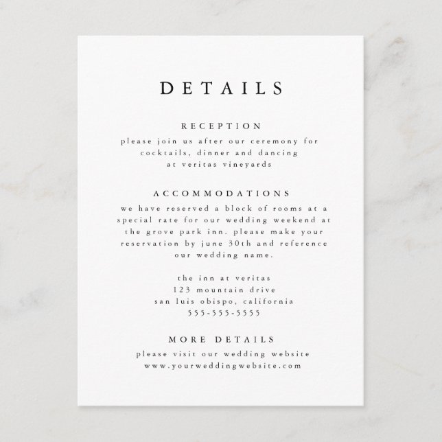 Carte D'accompagnement Détails de mariage classique moderne noir et blanc (Devant)