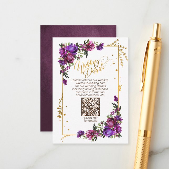 Carte D'accompagnement Détails de mariage Code QR Floral Rose Chaud Viole (Devant/Arrière en situation)