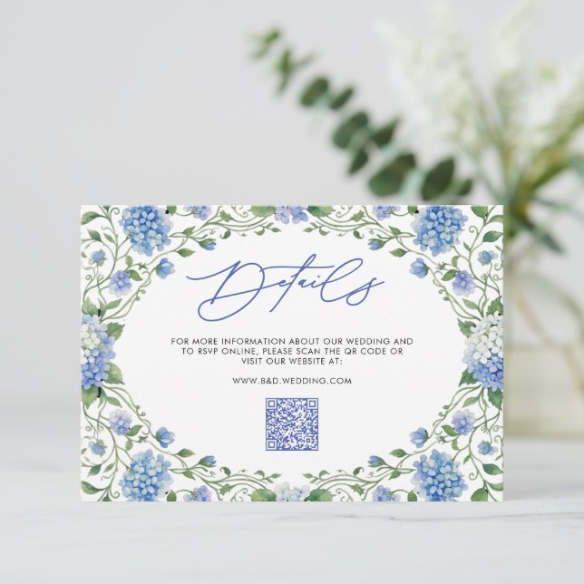 Carte D'accompagnement Détails de mariage Code QR Hydrangea Bleue (Debout devant)