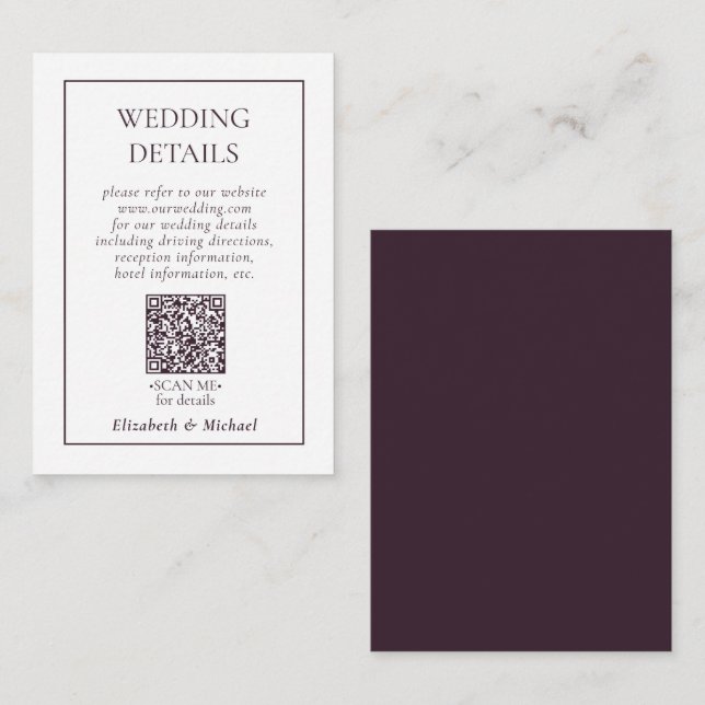 Carte D'accompagnement Détails de mariage code QR violet prune formel (Devant / Derrière)