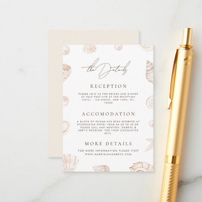 Carte D'accompagnement Détails de mariage côtier de plage Coquillages & P (Devant/Arrière en situation)