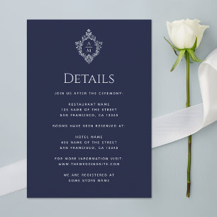Carte D'accompagnement Détails de mariage Crest Navy Blue Monogramme Vint