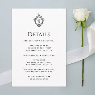 Carte D'accompagnement Détails de mariage Crest Noir Blanc Vintage Monogr