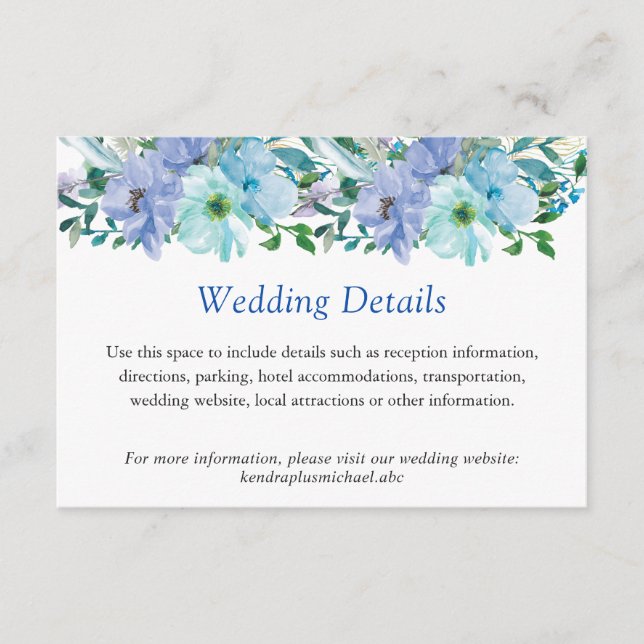 Carte D'accompagnement Détails de mariage de fleurs bleues saphir magnifi (Devant)