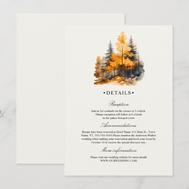 Carte D'accompagnement Détails de mariage de forêt d'automne, pins (Devant / Derrière)