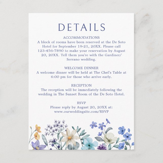 Carte D'accompagnement Détails de mariage de la fleur sauvage de bleu sar (Devant)