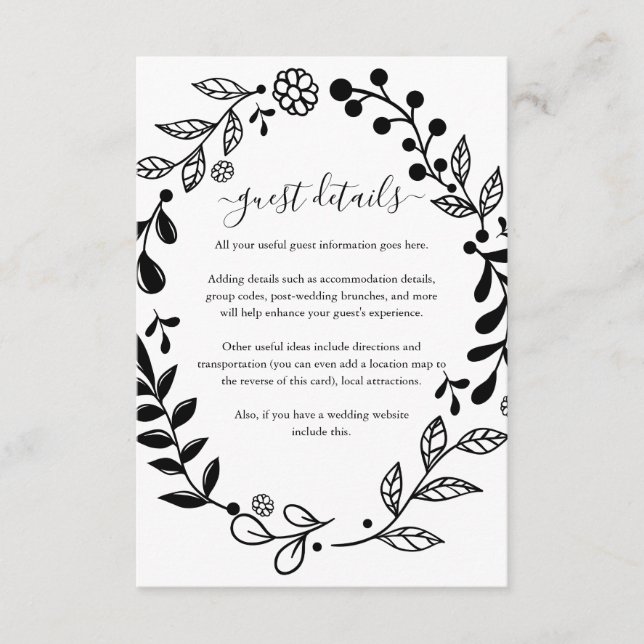 Carte D'accompagnement Détails de mariage de la guirlande florale noire e (Devant)