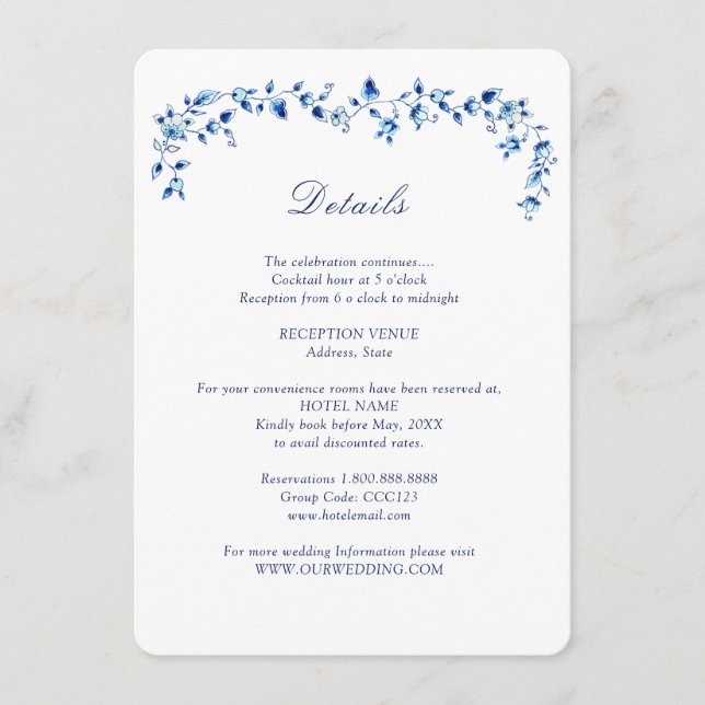 Carte D'accompagnement Détails de mariage Delft bleu et blanc  (Devant)