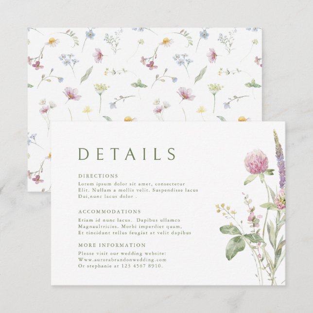 Carte D'accompagnement Détails de mariage élégant aux fleurs sauvages pas (Devant / Derrière)