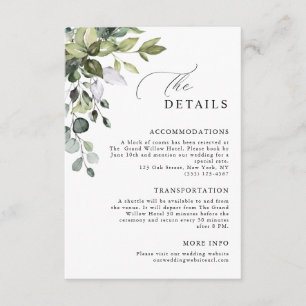Carte D'accompagnement Détails de mariage élégant script eucalyptus verdu
