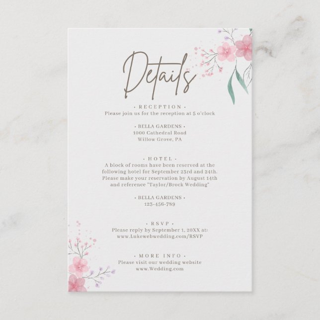 Carte D'accompagnement Détails de mariage élégants aux fleurs simples (Devant)