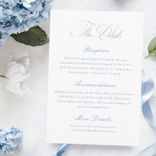 Carte D'accompagnement Détails de mariage élégants blanc et bleu poussiér