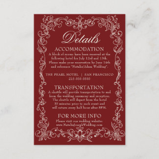 Carte D'accompagnement Détails de mariage élégants de Bourgogne vintage d