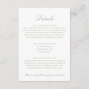 Carte D'accompagnement Détails de mariage élégants Vert Sauge Hôtel Info