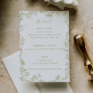Carte D'accompagnement Détails de mariage en art linéaire floral vert oli