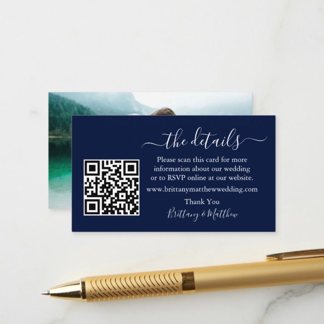 Carte D'accompagnement Détails de mariage en calligraphie Site Web QR Pho (Devant/Arrière en situation)