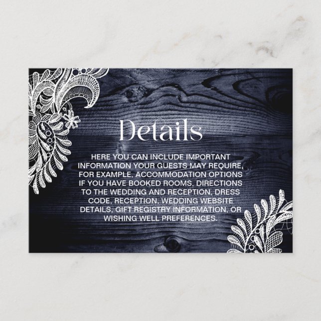 Carte D'accompagnement Détails de mariage en dentelle blanche et bois ble (Devant)