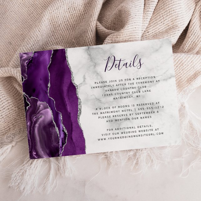 Carte D'accompagnement Détails de mariage en marbre d'agate argent violet (Créateur téléchargé)