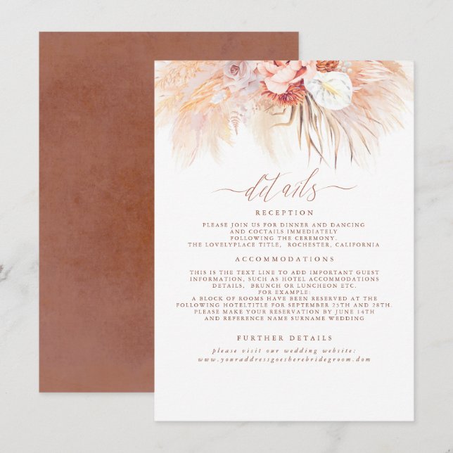 Carte D'accompagnement Détails de mariage en terre cuite et herbe des Pam (Devant / Derrière)