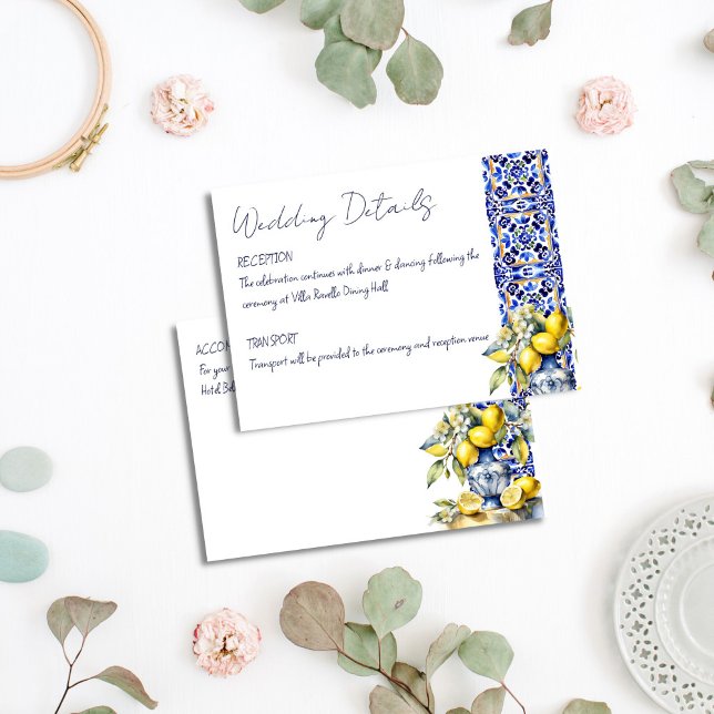 Carte D'accompagnement Détails de mariage en tuiles bleues italiennes d'A (Amalfi Italian blue tiles lemons wedding details Enclosure Card Mediterranean themed wedding card)