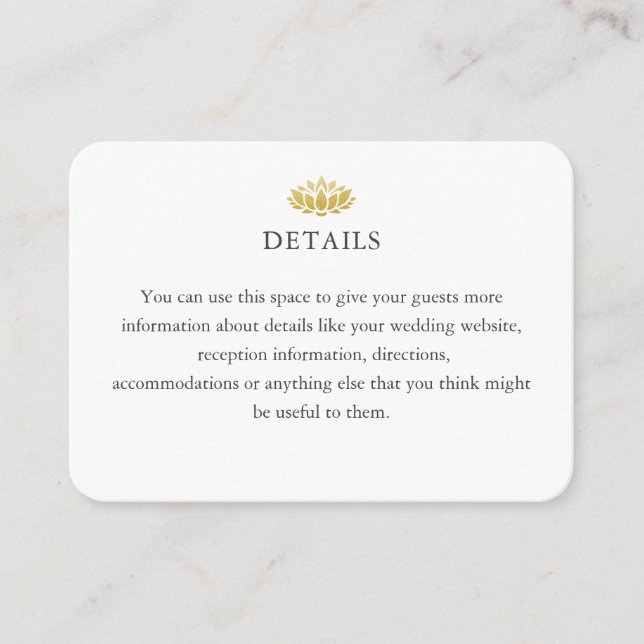 Carte D'accompagnement Détails de mariage Fleur de lotus dorée élégante (Devant)
