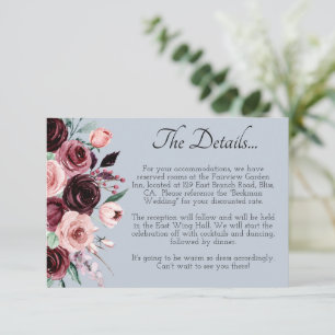 Carte D'accompagnement Détails de mariage Fleurs Bleu Poussiéreux et Bour