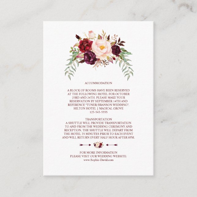 Carte D'accompagnement Détails de mariage floral bordeaux élégant (Devant)